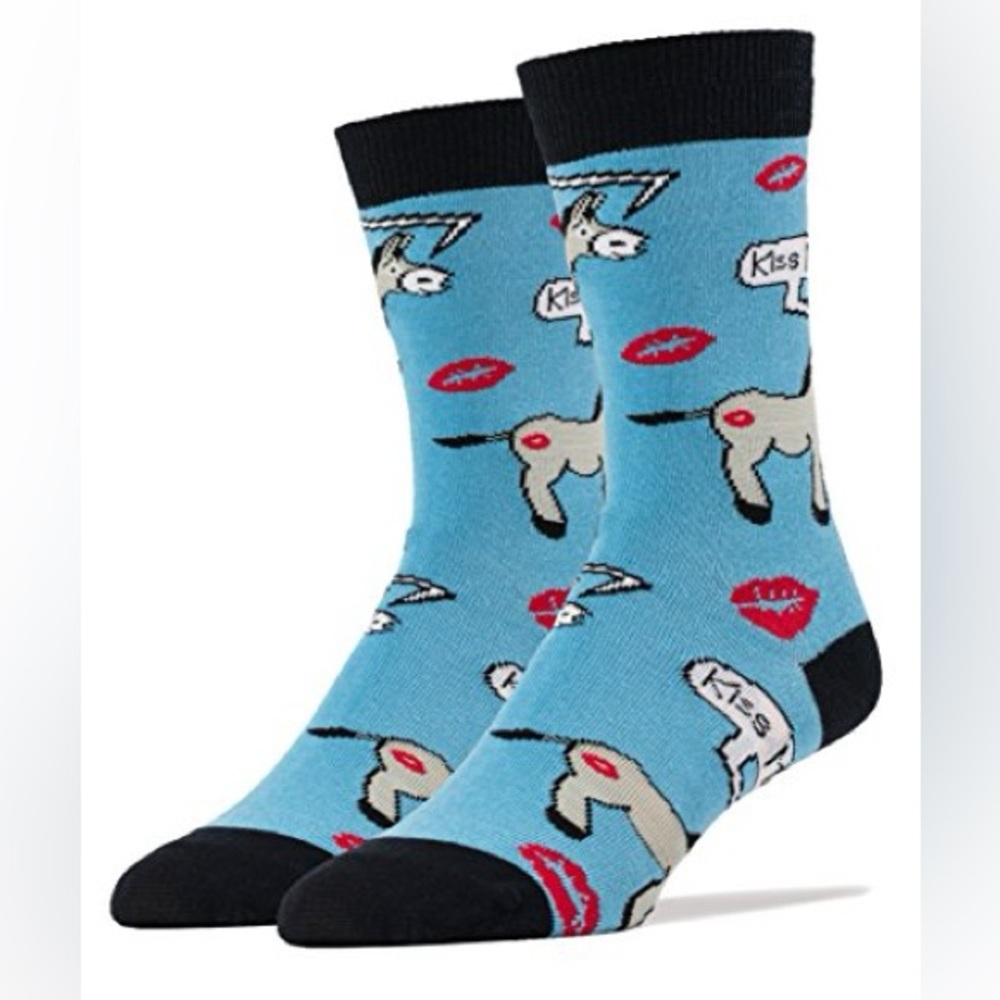 Men's Fun Blue Crew Socks with Donkey Design, Size 8-13 (3 for $12 item)